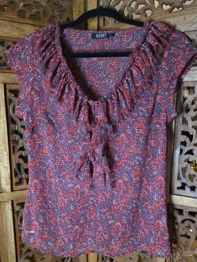 a.n.a Rust Red Floral Ruffle Tie-Front Short Sleeve Blouse